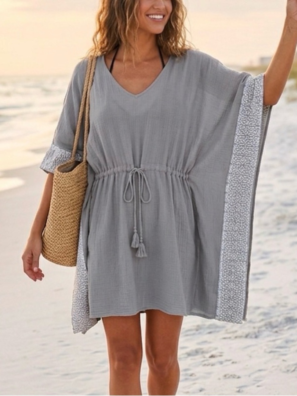 Garnet Hill Embroidered Kaftan Swim Coverup Cotton Crinkled Guaze Large Beach